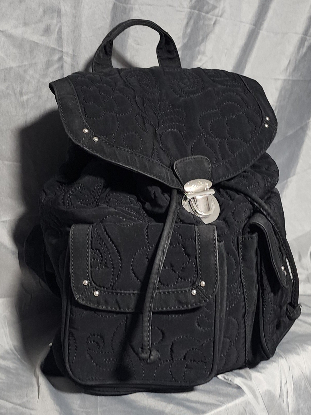 Vera Bradley Black Quilted Fabric Backpack W/ Drawstring & Flap Closure